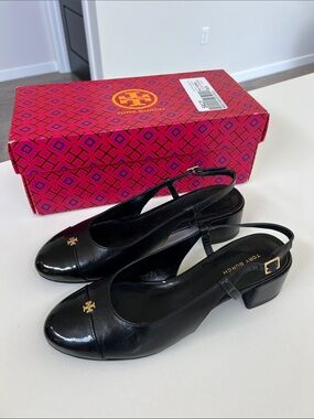 Tory Burch perfect black patent leather cap toe leather slingback low heels pump